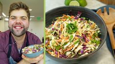 a man holding a bowl of salad next to a photo of a wooden spoon and cutting board