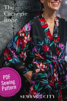 The Carnegie robe sewing pattern is a luxurious Kimono style robe with a relaxed fit that comes in 2 lengths: the dressing gown length hems to mid-thigh and the lounge length hems to the knee. A perfect robe sewing pattern to make for yourself - or as a gift! Plus Size Robe Pattern, Silk Robe Pattern Sewing, House Robe Pattern, Robe Pattern Free Sewing, Diy Robe Pattern, Dressing Gown Sewing Pattern, Diy Kimono Pattern, Kimono Robe Sewing Pattern, Kimono Robes Pattern