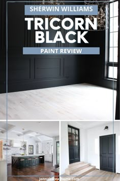 the inside of a house with black paint and white walls, wood floors, and windows