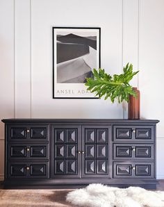 a plant is sitting on top of a black cabinet in front of a white wall