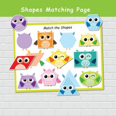 the shapes matching page is shown with owls and other animals in different colors on it