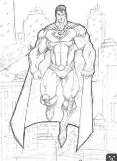 a pencil drawing of superman standing on top of a building with his cape raised up