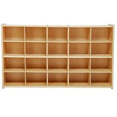 a large wooden shelf with many compartments on each side and one section open to show the contents