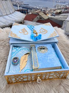 an open blue box sitting on top of a fur covered floor