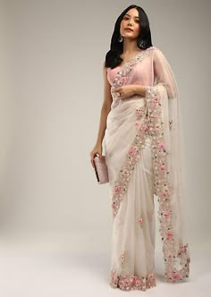 Baby pink designer saree with Border Embroidery Organza Saree With Floral Embroidery For Reception, Reception Organza Saree With Floral Embroidery, Elegant White Pre-draped Saree With Floral Embroidery, White Floral Embroidered Pre-draped Saree For Wedding, Off White Traditional Wear With Floral Embroidery For Reception, Off White Floral Embroidered Traditional Wear For Reception, White Tissue Silk Traditional Wear With Floral Embroidery, White Georgette Pre-draped Saree With Floral Embroidery, Designer White Pre-draped Saree With Floral Embroidery