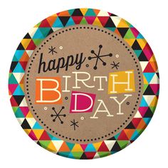 a happy birthday badge with the words happy birthday on it in multicolored triangles