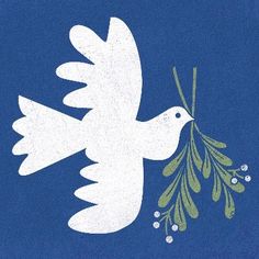 a white dove with an olive branch in its beak on a blue background that says peace