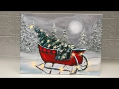 a painting of a red sleigh with christmas lights on it and trees in the background