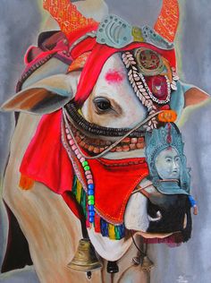 a painting of a cow wearing a red headdress and beads on it's face