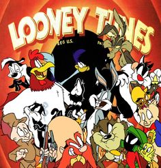 looney time cartoon characters in front of an orange background with the words loony times on it