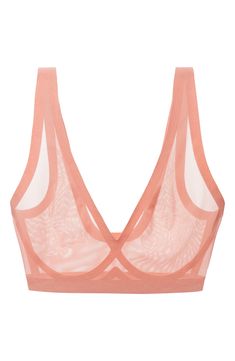 Sheer mesh lends breathable comfort to this soft bralette made for everyday wear. Elasticized straps 82% nylon, 18% spandex Machine wash, tumble dry Imported Chic Cropped Bra With Removable Pads, Stretch Mesh Bra With Mesh Back, Nylon Sports Bra For Summer, Sheer Full Coverage Stretch Bra, Pink Sheer Bra For Spring, Sheer Pink Bra For Spring, Mesh Full Coverage Bra With Removable Pads, Spring Sheer Pink Bra, Chic Seamless Low-cut Bra