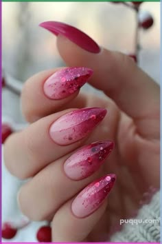 Get inspired with pink ombre nails! Explore trendy nail designs and achieve a stunning look with our expert tips and ideas. Red Or Pink Nails, Pink Nail Extension Designs, Cute Valentines Day Nails Pink, Nail Pink Ombre, Pink Nails Ideas Glitter, Pink Glitter Ombre Nails, Pink Design Nails, Pink Ombre Nails Glitter, Pink Red Nails