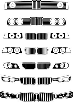 the front grills and grilles of a car in black and white, with different angles