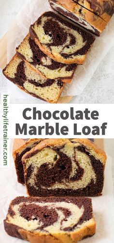 chocolate marble loaf cake is cut into slices