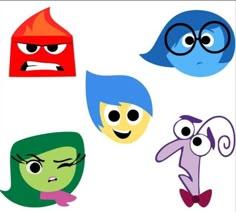 four different colored faces with eyes and nose shapes, one has an angry look on it's face