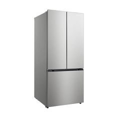 a silver refrigerator freezer sitting on top of a white wall