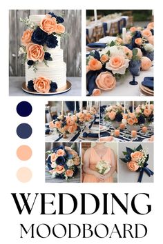 the wedding mood board is full of different colors and designs, including blue, orange, and