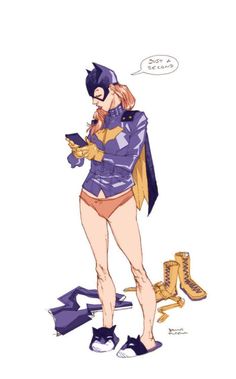 a drawing of a woman dressed as batgirl looking at her cell phone while standing next to some shoes