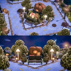 two pictures of a park bench with pumpkins on it and candles in the background