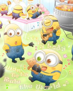 two cartoon minion characters are playing guitar and singing in front of a group of people