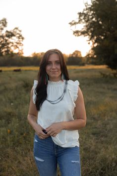 White ruffle blouse top Western Tops For Women Classy, Cream Top Outfit, Womens Western Tops, Western Tops For Women, White Tops Outfit, Bridesmaid Tops, Casual Country Outfits, Western Blouse, White Ruffle Blouse