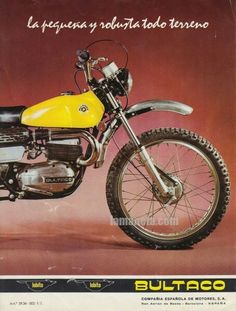 an old yellow and black motorcycle is shown in this ad for the italian motorbike company