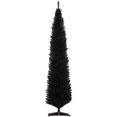 a tall black christmas tree is shown on a white background with the top half turned down