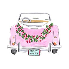 a drawing of a pink car with holly garland on it's front and back