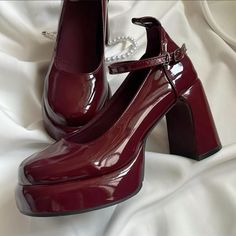 Wine Red Mary Janes, Wine Red Shoes, Cherry Red Shoes, Cherry Red Heels, Red Mary Jane Heels, Red Mary Janes, Red Mary Jane Shoes, Pretty Heels, Everyday Fashion Outfits