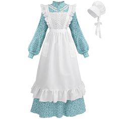 PRICES MAY VARY. Package: Women's pioneer dress including 3 pieces： floral dress *1, ruffle apron *1, white hat *1. There are 4 colours to choose from: Sky Blue, Pink, Sapphire Blue, Seagrass Green Design: The women's colonial dress is designed with a stand-up collar, pearl buttons, white webbing V-trim, elasticized waist, and back zipper. Ruffle apron with pockets for phone and other things, easy to use Material: The women prairie dress is made of fiber, and the white apron is made of polyester Colonial Woman Costume, 1800s Dresses Casual, Pioneer Apron, Gardening Dress, Colonial Costume, Pioneer Costume, Pioneer Dress, Pirate Dress, Colonial Dress