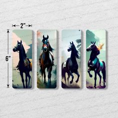 four horses running in different directions on a white background with the measurements for each one