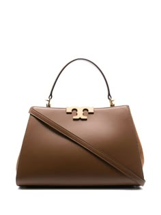 moose brown calf leather gold-tone logo plaque single top handle main compartment gold-tone hardware clasp fastening suede panelling adjustable detachable shoulder strap Brown Designer Bag, Tory Burch Eleanor Bag, Side Purses, Tory Burch Bag Totes, Tory Burch Handbags, Classic Handbags, Leather Satchel Bag, Fancy Bags, Tory Burch Bags