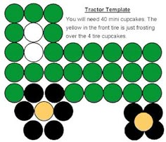 an image of a diagram with circles and dots on it that says tractor template you will need 40 mini cupcakes the yellow in the front is just frosting over the 4