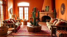 a living room filled with furniture and a large cactus in the middle of the room