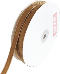 a roll of brown satin ribbon on a white background