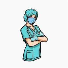 a nurse in scrubs with his arms crossed and wearing a surgical mask on her face