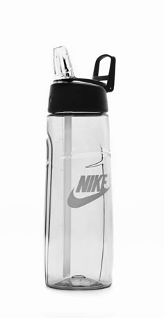 a water bottle with a black lid and a nike logo on the side, sitting against a white background