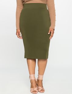 Spring Midi Elastane Pencil Skirt, Spring Midi Pencil Skirt In Elastane, Spring Midi Pencil Skirt, Casual Knee-length Elastane Pencil Skirt, Fall Knee-length Pencil Skirt, Stretch Midi Pencil Skirt In Solid Color, Green Pencil Skirt For Workwear In Fall, Flattering Pencil Skirt For Spring, High-waisted Stretch Pencil Skirt For Fall