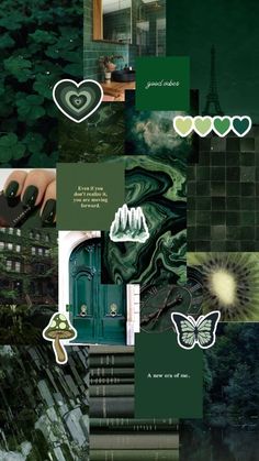 a collage with green and black colors