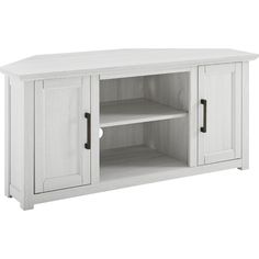 a white tv stand with two doors and shelves on one side, an open shelf to the other