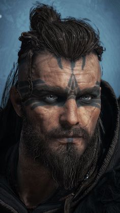 Viking Face Tattoos For Men, Viking Makeup Men, Male Viking Makeup, Eivor Assassin Creed Valhalla, Modern Viking Fashion, Viking Romance, Valhalla Art, Mens Viking Costume