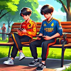 two boys sitting on a bench in the park looking at their cell phones and texting