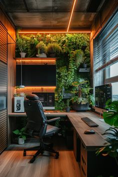 an office with plants growing on the wall and wooden flooring, along with a computer desk