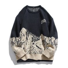 Japanese Vintage Snow Mountain Jacquard Round Neck Sweater Men Casual Fashion Loose Knitwear Couple Knitted Sweater Men, Mens Fashion Vintage, Fashion For Boys, 90s Fashion Men, Sweaters Men, Hoodies Graphic