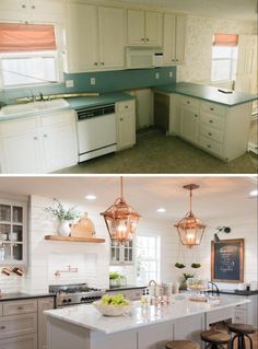 before and after pictures of a kitchen remodel with white cabinets, green counter tops, and copper pendant lights