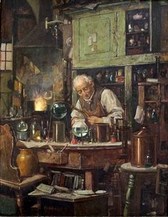 an old man is working in his kitchen with many items on the table and around him