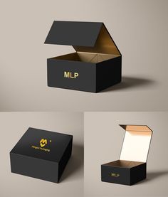 three different views of a black box with gold lettering