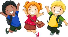 three kids jumping in the air with their hands up and one holding a book bag