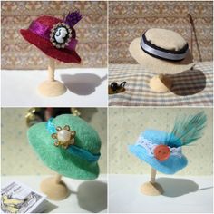 four different hats are shown on small wooden stands, one with a button and the other with a brooch