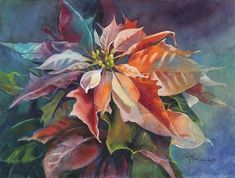 a painting of a poinsettia plant with leaves and flowers in pastel colors